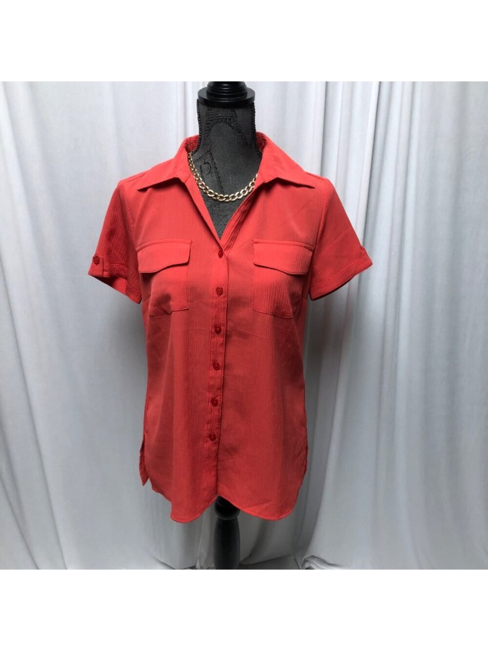 Notations Blouse Womens Size Small Coral Orange Textured Short Sleeve Shirt
